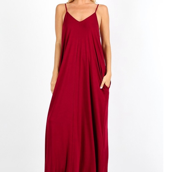 CABERNET red adjustable spaghetti strap maxi dress with pockets S M XL - Picture 4 of 6